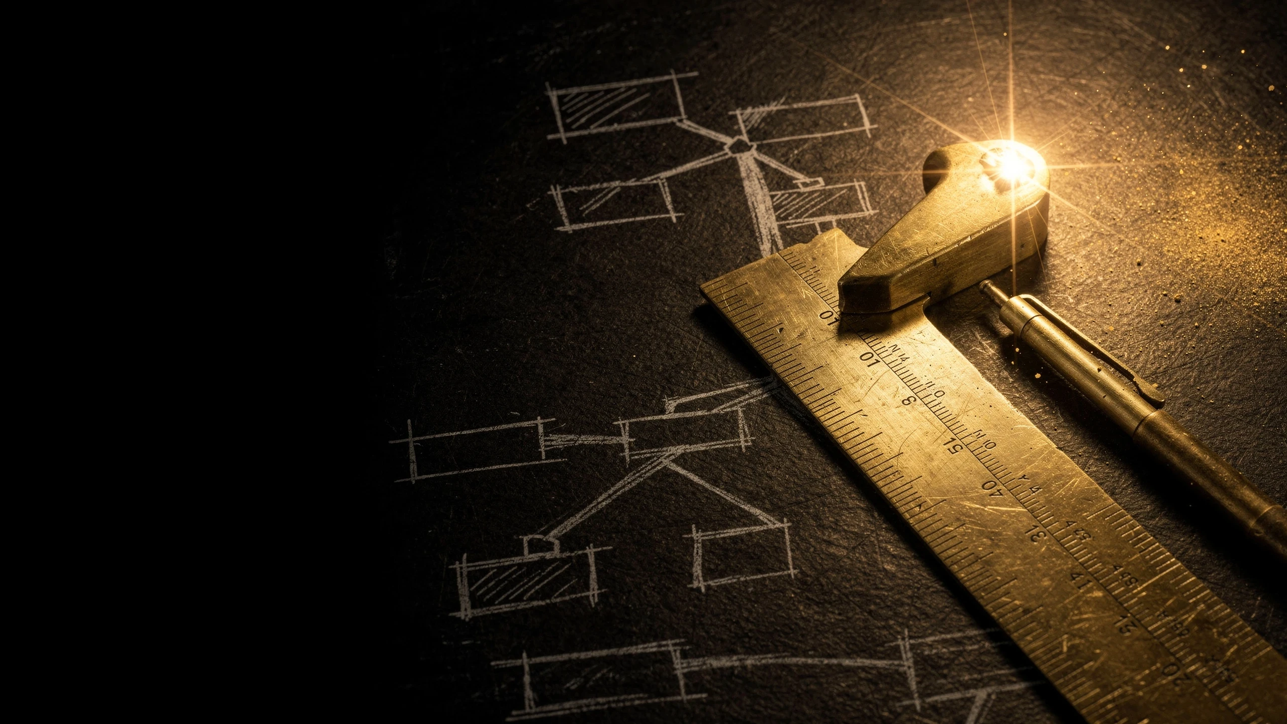 Detailed blueprint schematic on a dark surface, lines and measurements rendered in warm gold tones