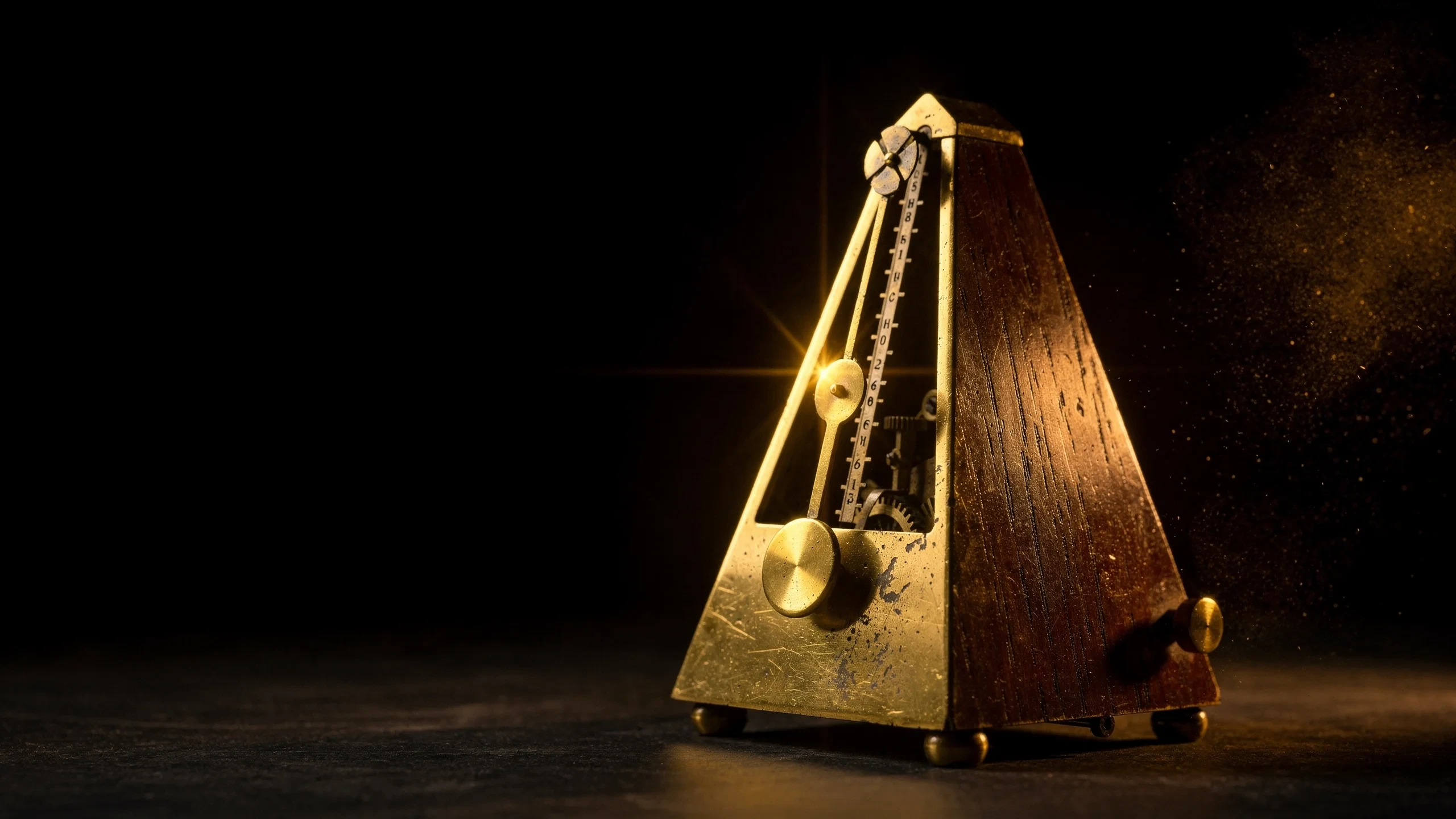 An antique brass metronome on a dark surface, its pendulum mid-swing, lit by a warm gold glow
