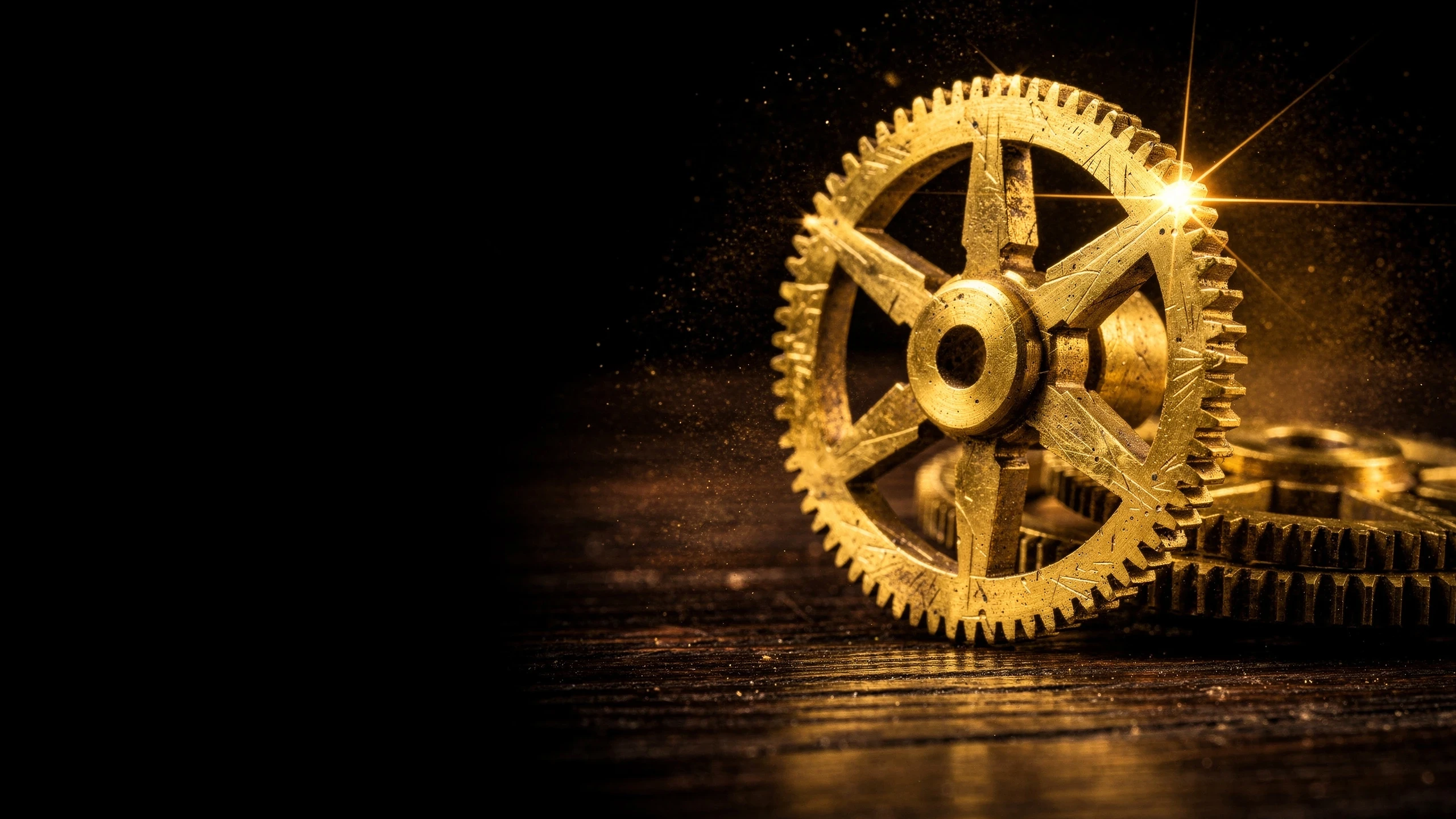 Intricate clockwork gears and mechanical components on a dark surface, illuminated by warm amber light