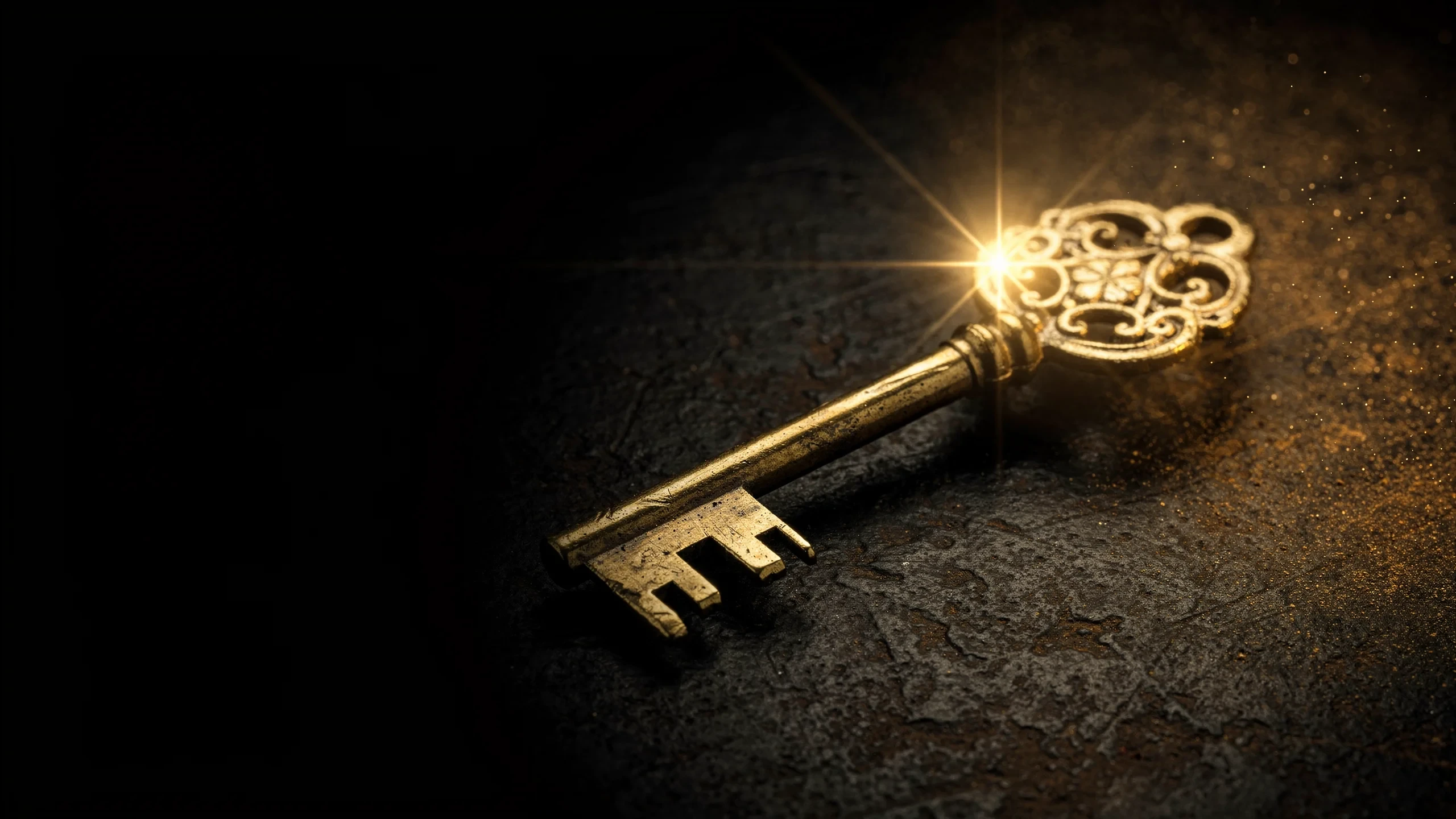 A single antique brass key on a dark surface, lit by a warm gold glow with a crystalline flare