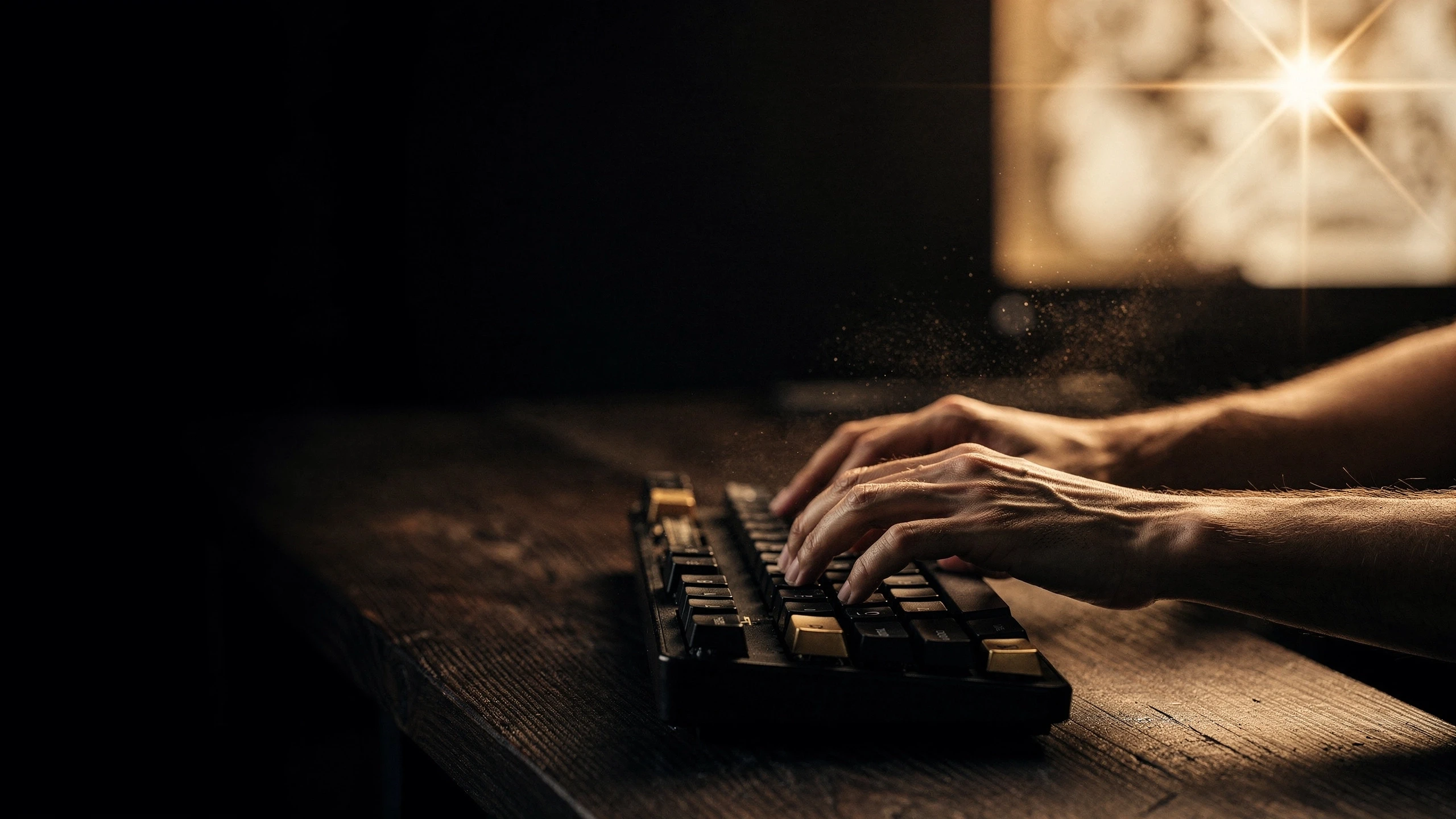 A focused operator at a desk, lit by warm ambient light, working on a laptop in a quiet studio environment
