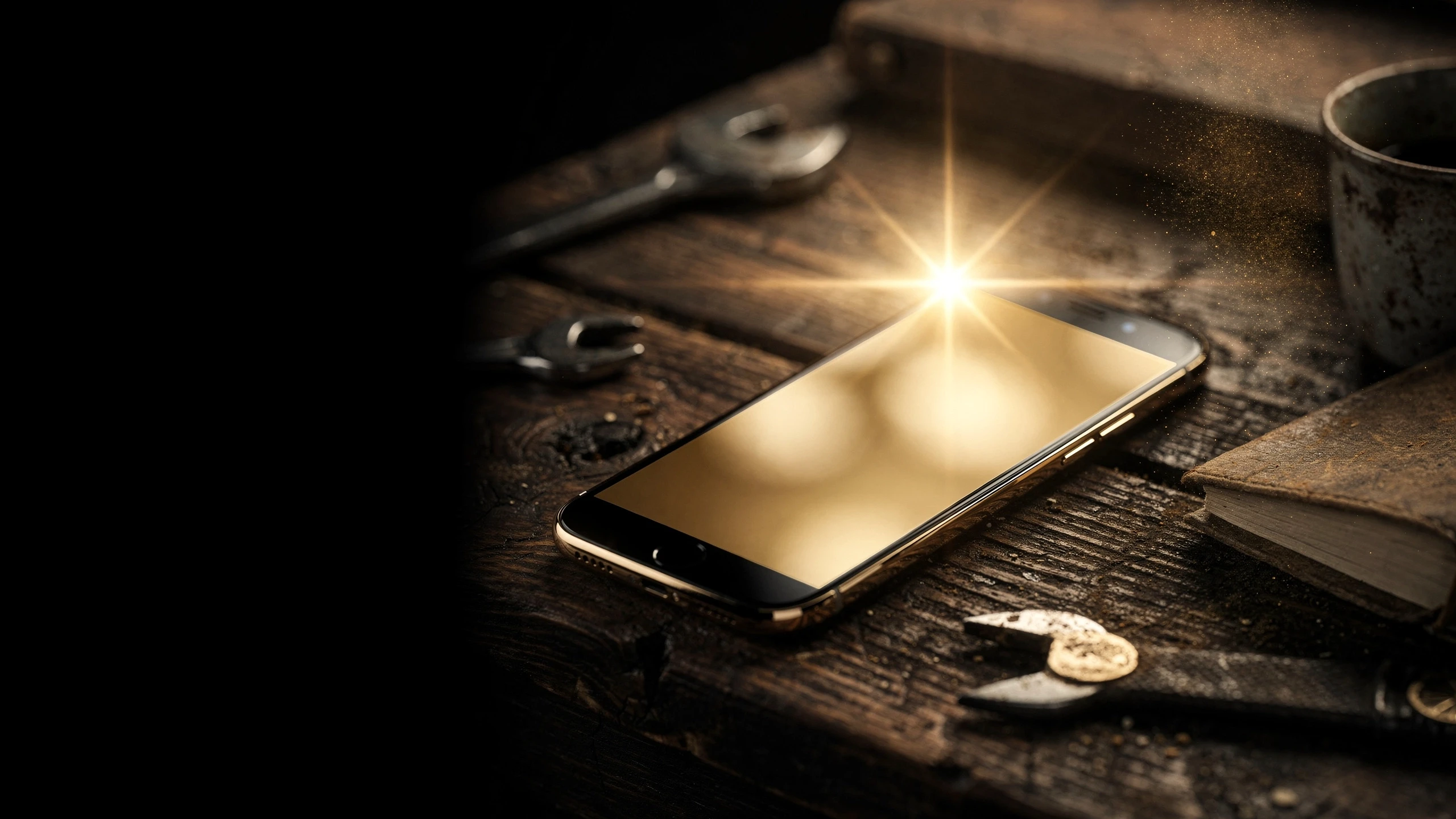 Smartphone on a tradesman's workbench with a warm gold glow on the screen, surrounded by tools fading into shadow
