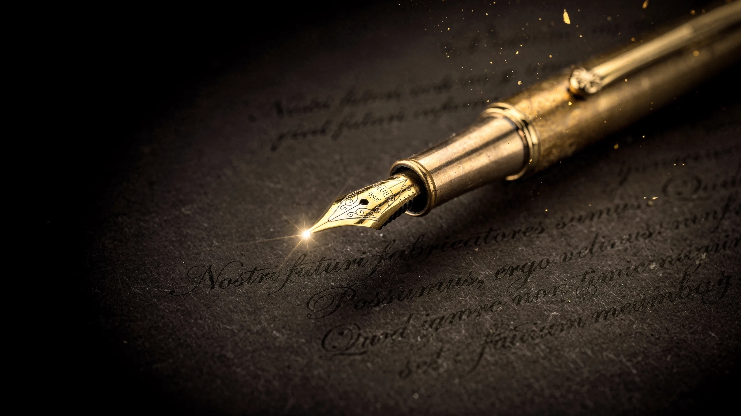 A vintage brass fountain pen resting on near-black paper, nib catching a warm gold starburst flare, atmospheric golden haze in the background
