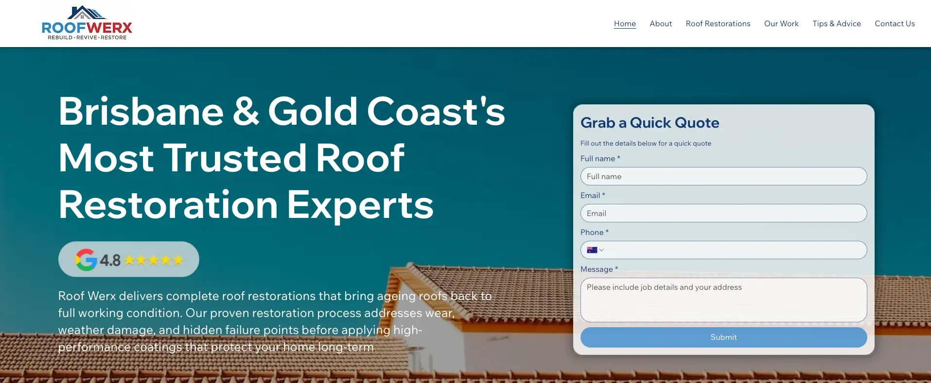 Roof Werx website homepage, built by Upgraded
